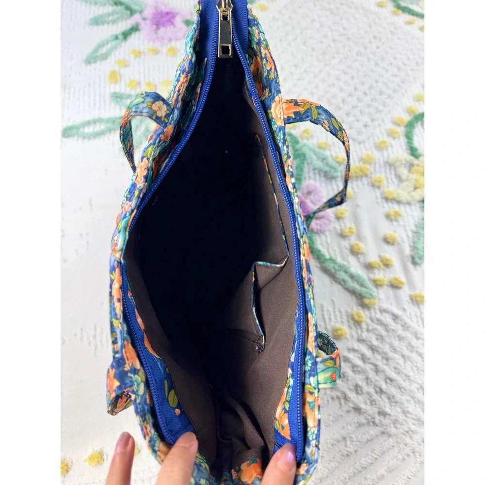 Blue Floral Quilted Cotton Tote Bag Zippered Shoulder Bag with Pockets